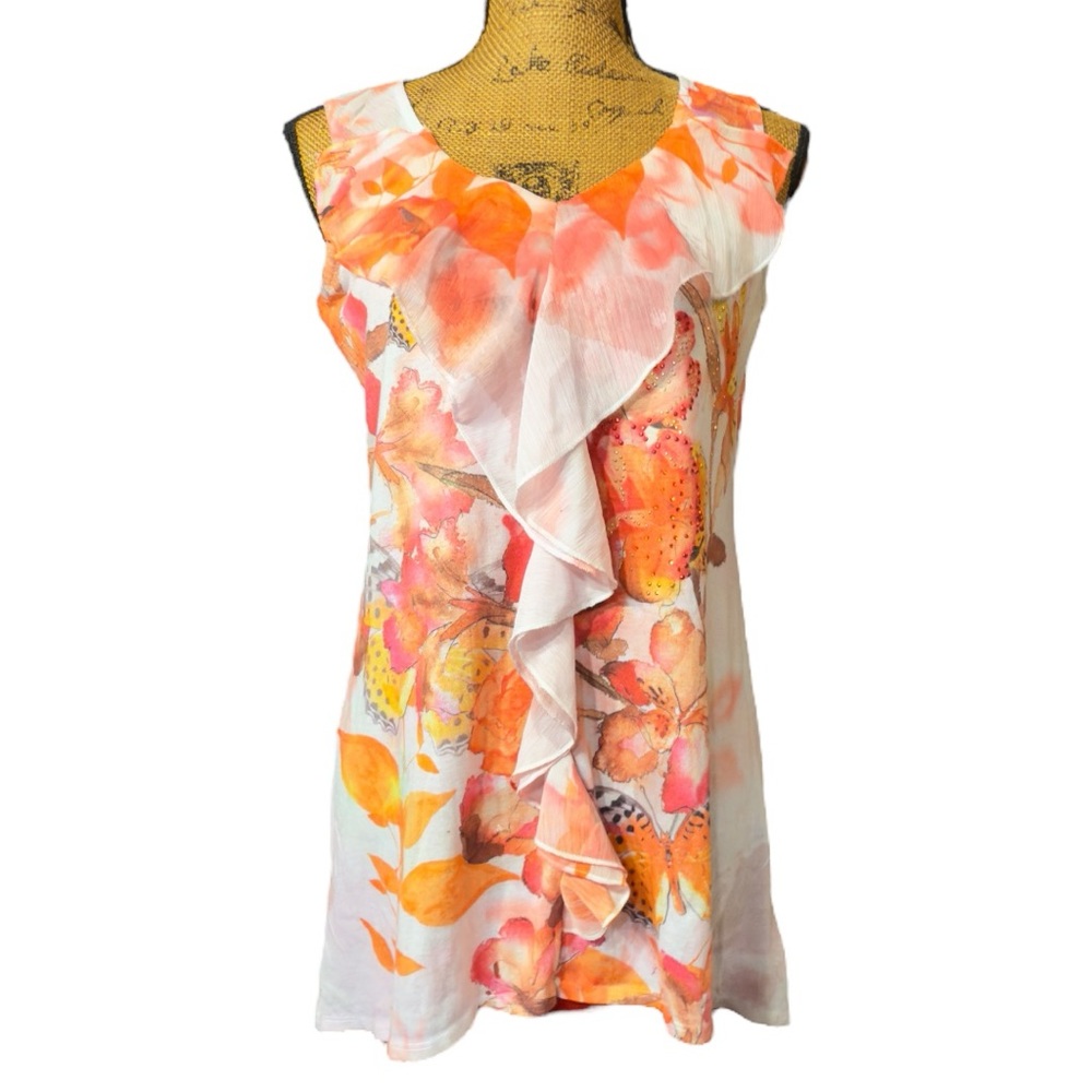 New Directions floral sleeveless shirt w/ruffled detail Women’s size S |ww1